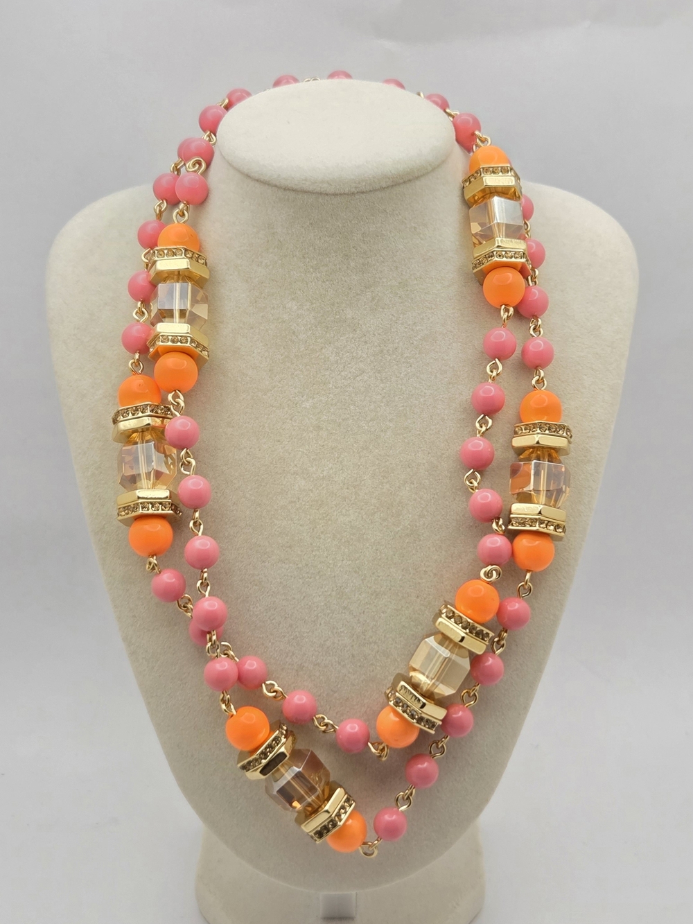 Talbots NWT Long Beaded Statement Necklace Pink Orange Gold Tone Crystal 39"